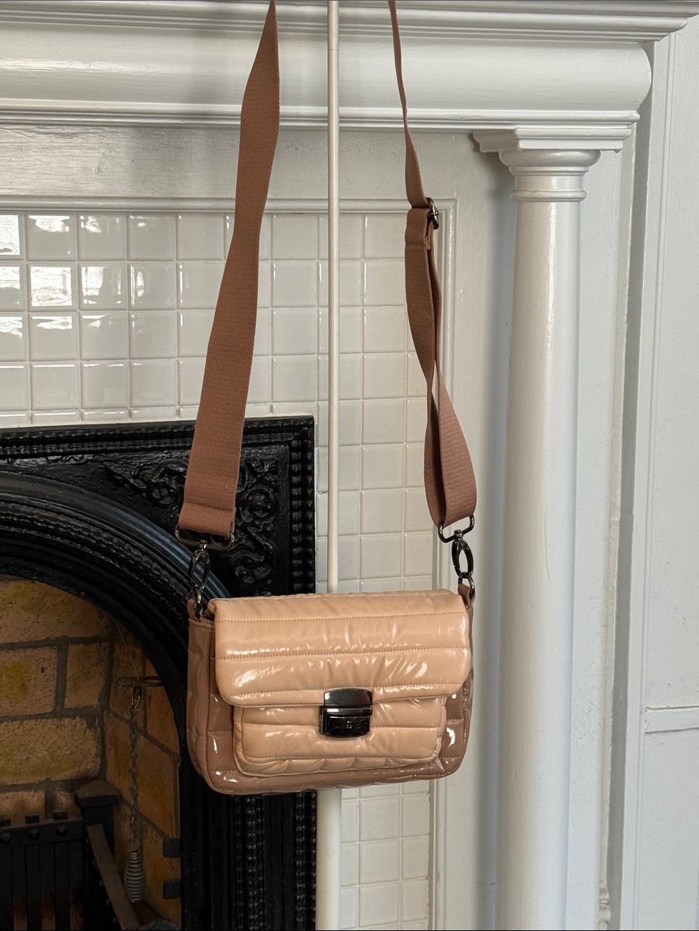 think Rolyn Bum Bag 2.0 in blond patent/ nude patent colorway. Used 3 times. 148